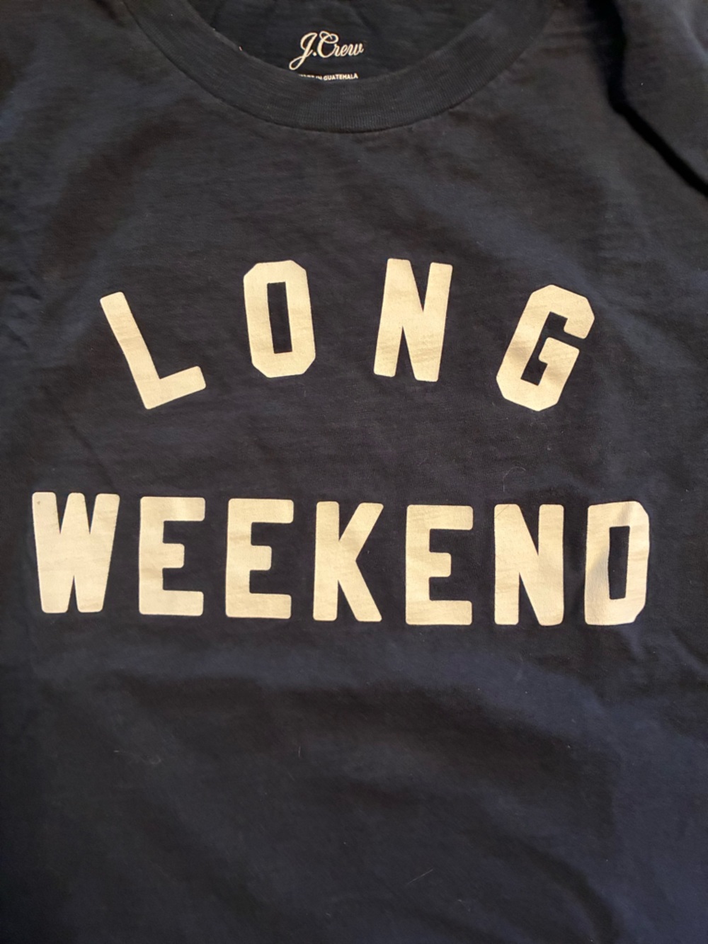 JCREW classic fit tee. Navy with LONG WEEKEND white font.